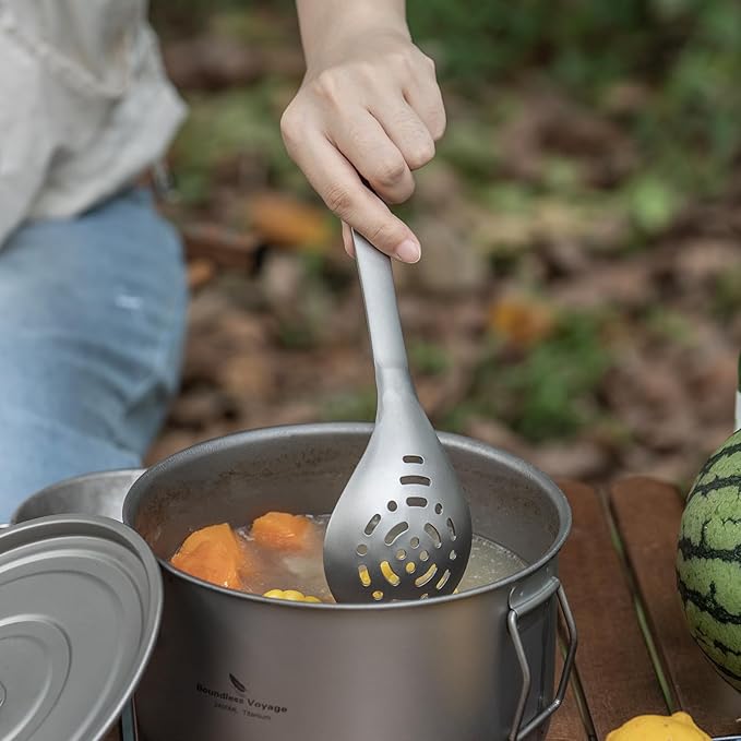 iBasingo Titanium Slotted Spoon Ultralight Kitchen Strainer for Cooking, Noodles, Salad & Hot Pot Fried Food Durable Metal Colander for Outdoor Camping Backpacking Home used, Dishwasher Safe Ti1038A