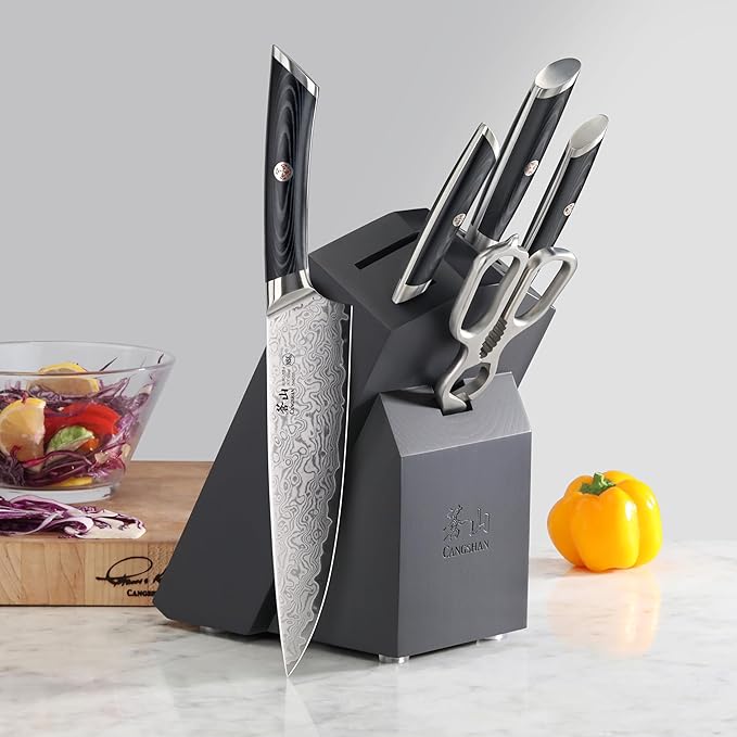 Cangshan KURO Series 6-Piece Knife Block Set, High Carbon X-7 Damascus Steel, 504333