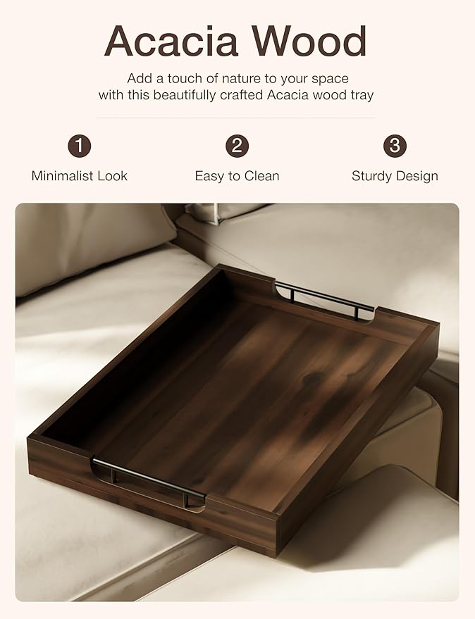 20 x 14 Inch Large Wooden Tray for Ottoman – Large Ottoman Tray for Living Room, Decorative Serving Tray with Handles, for Coffee Table, Kitchen Counter & Home Decor