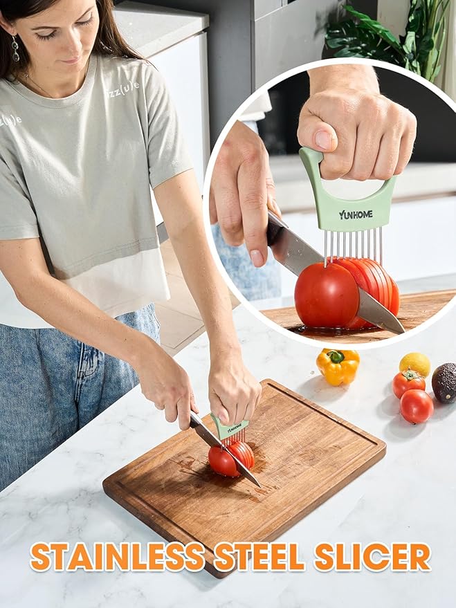 Onion Slicer Holder, Stainless Steel Onion Holder for Slicing, Onion Cutter Vegetable Chopper for Slicing of Lemon Avocado & Meat, Kitchen Utensils Gadget for Slices, Kitchen Assistant Tool for Fruit