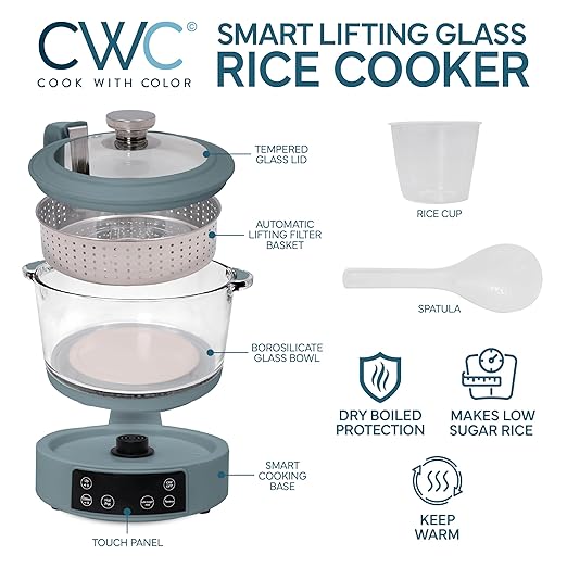 COOK WITH COLOR 3L Glass Mini Low Carb Rice Cooker – Holds 2 Cups Raw/Makes 6 Cups Cooked with Auto Lift Filter Basket, Hotpot & Steamer for Rice, Grains, Digital Panel with Keep Warm, Slate Blue