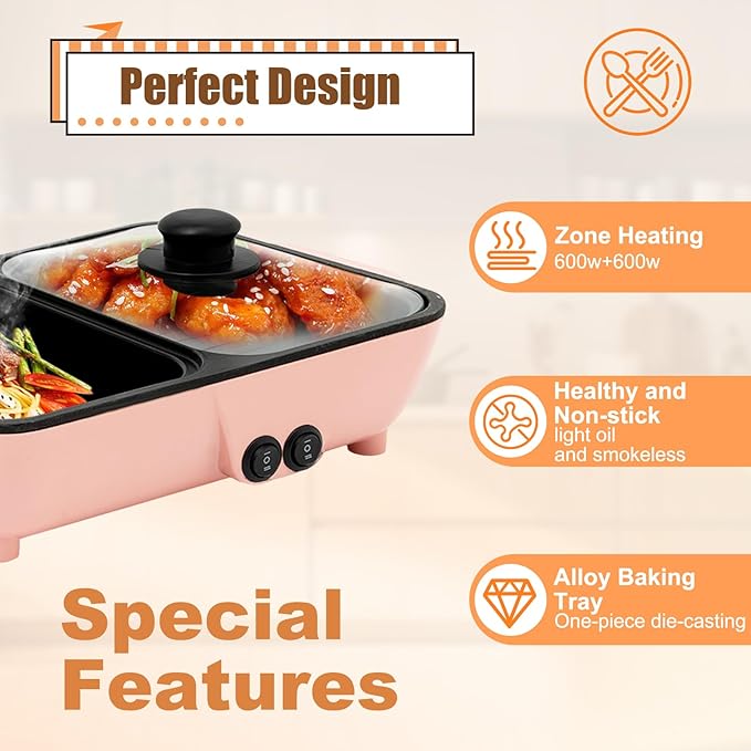 2 in 1 Electric Hot Pot with Grill, Non-Stick Electric Hot Pot and Frying Pan Fast Heating Baking Pan Multifunctional Nonstick Griddle for BBQ, Steaks, Noodles & More