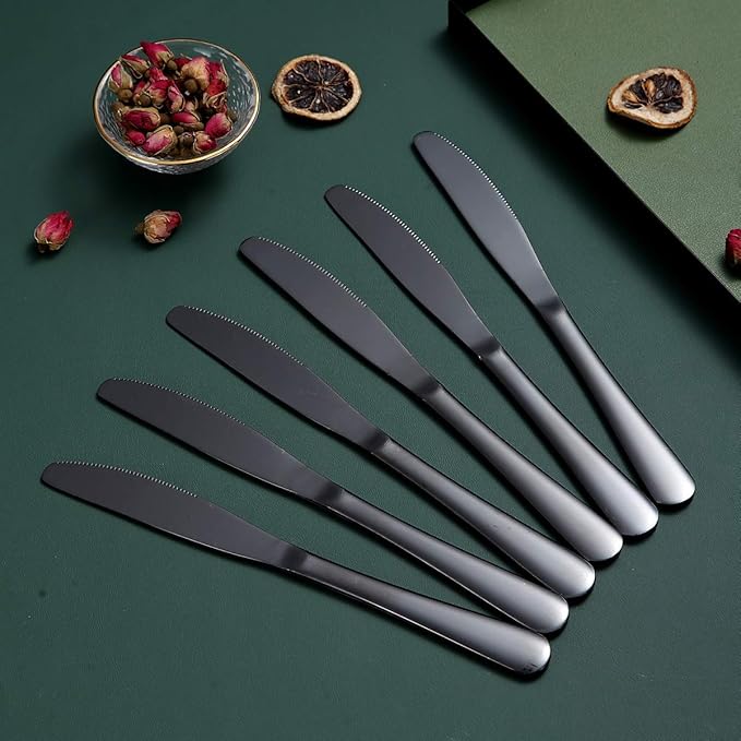 Black Dinner Knives Set Of 12, Berglander Stainless Steel Titanium Plating Shiny Black Dinner Knife, Butter Knife Spreader Table Knives Sturdy And Dishwasher Safe