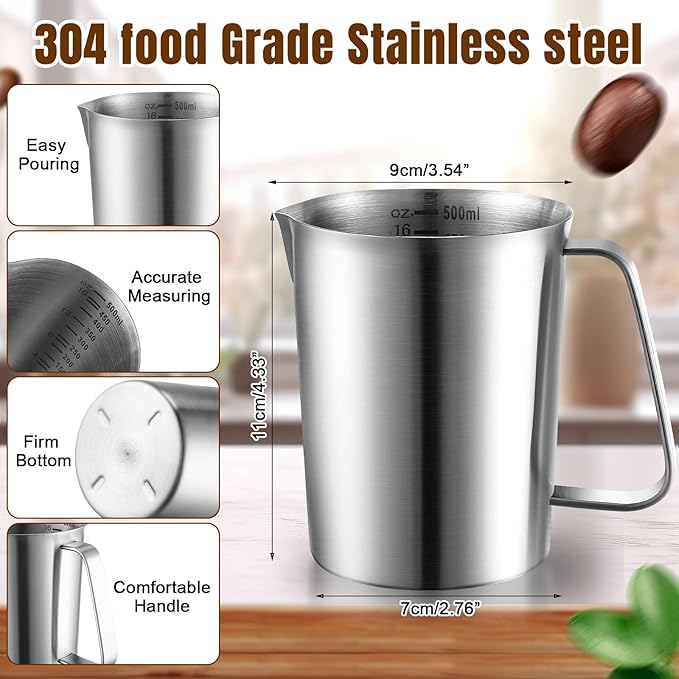 4 Pcs Stainless Steel Pitcher with Handle and Pour Lip 16OZ, 500ML, 2 Cup Metal Liquid Measuring Cup Measuring Jug Milk Frothing Pitcher for Milk Latte Art Water Pouring
