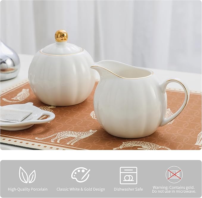 White and Gold Porcelain Sugar Bowl and Creamer Set - 12oz Lidded Sugar Pot & 10oz Milk Jug with gold rim, Elegant Tea and Coffee Accessories, Table Decor and Gift