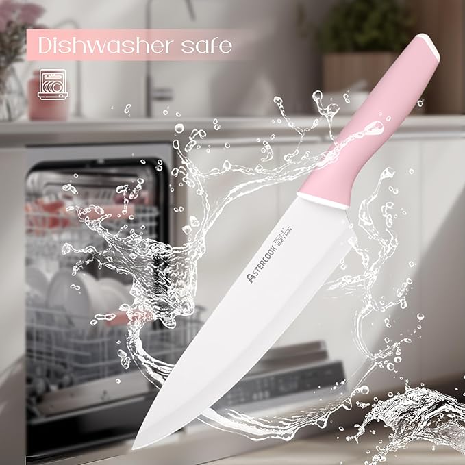 Astercook Knife Set, Kitchen Knives Set with Block and Sharpener Ceramic Coating 15 Pcs German Stainless Steel Knives Sharp Blade Dishwasher Safe Deba Knives with Ergonomic Handle, Crystal Pink