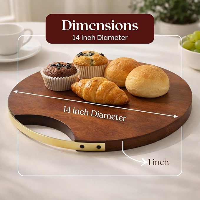 nestroots Round Charcuterie Board | 14" Teak Wood Serving Tray with Handles Decorative Tea, Coffee, Dessert, Pizza | Large Wooden Cheese Boards Serving Platter for Valentine Day Party Supplies