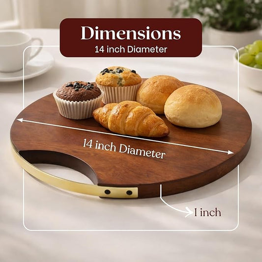 nestroots Round Charcuterie Board | 14" Teak Wood Serving Tray with Handles Decorative Tea, Coffee, Dessert, Pizza | Large Wooden Cheese Boards Serving Platter for Valentine Day Party Supplies