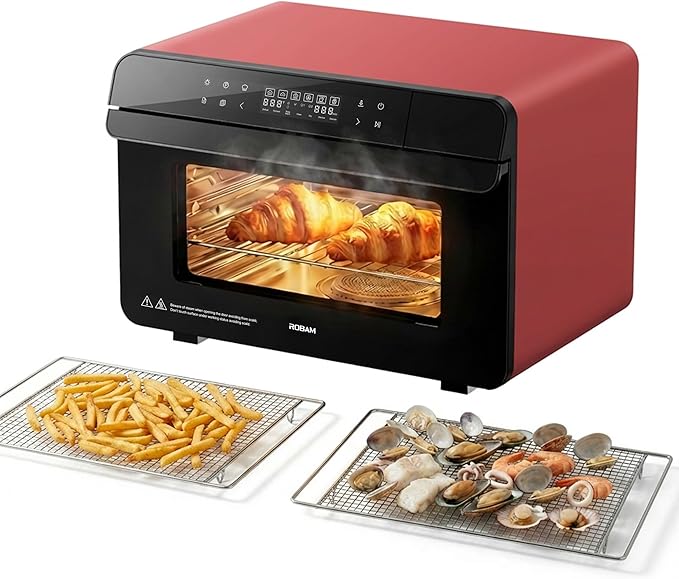 ROBAM Toaster Steam Combi Oven, Countertop Air Fryer 20-in-1 Oven with Convection & Grill, Stainless Steel Interior, 3-Layer Insulated Glass Door, 3 Steam Modes, 30 Built-In Recipes (Red)