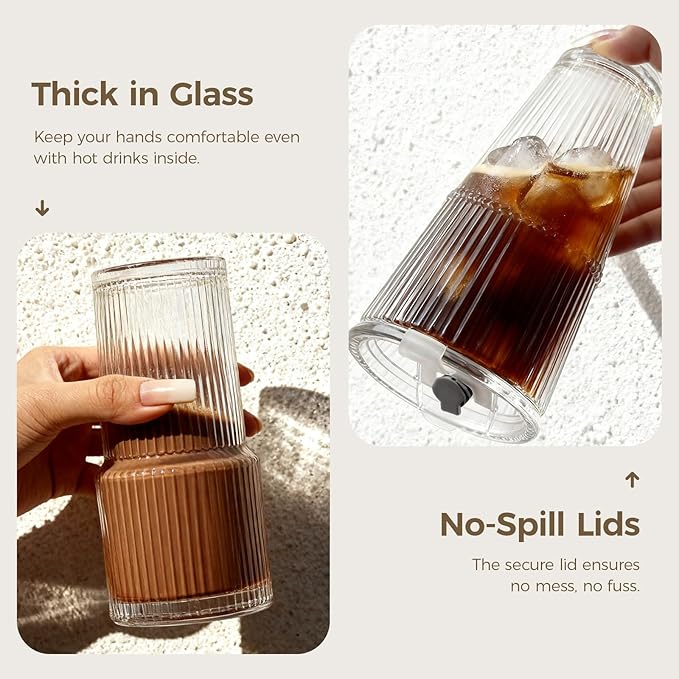 18oz Ribbed Glass Tumbler with Lids & Straws, Set of 2 -Vintage Ribbed Iced Coffee Cups, Reusable Smoothie & Cocktail Drinking Glasses - Perfect for Daily Use & Travel
