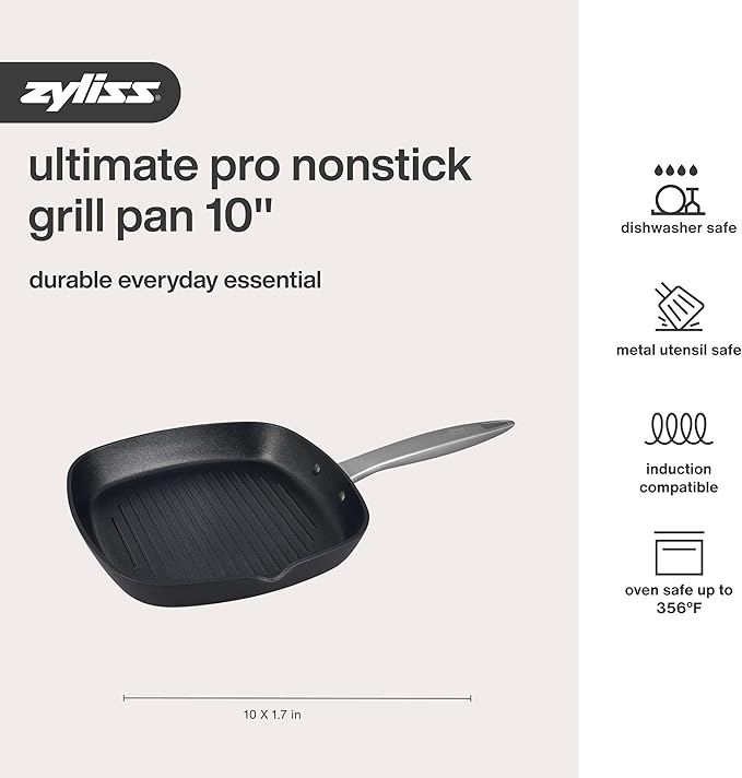 Zyliss Ultimate Pro Nonstick Grill Pan - Hard Anodized Grill Pan with Pour Spout - Non-Stick Stainless Steel Cookware - Scratch-Resistant and Dishwasher-Safe Pan - 10 inches