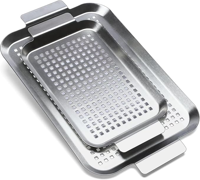 COOK TIME Grill Pan Set of 2, BBQ Grill Topper for Outdoor Grill, Stainless Steel Grilling Baskets with Holes and Handles, Perforated Food Tray Barbecue Accessories for Vegetable, Fish, Meat, Seafood