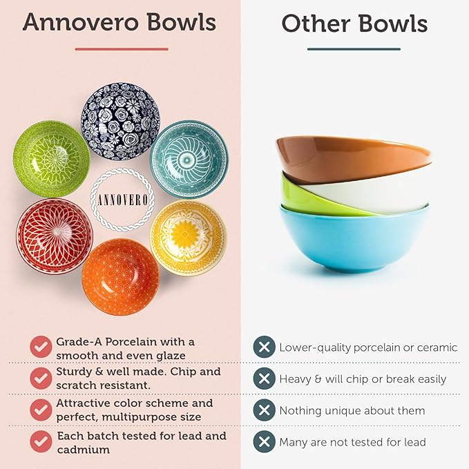Annovero Cereal Bowl - Dishes for Serving Soup, Salad, Breakfast - Decorative Colorful Porcelain Bowls for Kitchen - Microwave, Dishwasher, Oven Safe - Zero Lead & Cadmium - 23 Oz - Set of 6