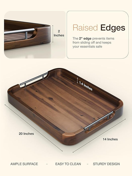 Acacia Wood Ottoman Tray with Handles - Round - Serving Trays for Living Room -Wooden Trays for Decorative for Kitchen Counter, Coffee Table (Walnut Color, 20" x 14" x 2")