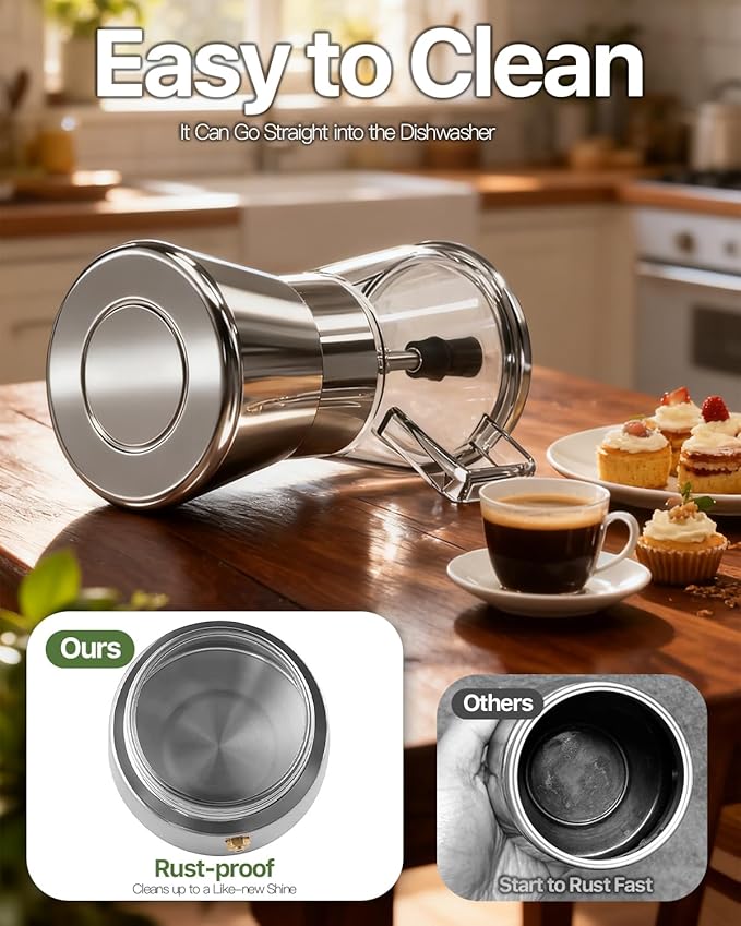 Grasseed Crystal Glass-Top Moka Pot, Polished Stainless Steel Stovetop Espresso Maker for Italian Coffee - 6 Cup/240ml/8.4oz