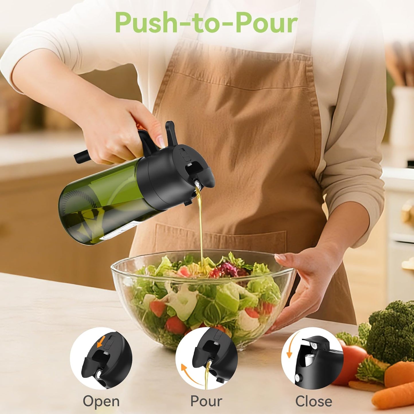 USLAI Oil Sprayer for Cooking, 16oz/470ml 2 in 1 Glass Olive Oil Dispenser Bottle for Kitchen, Air Fryer, BBQ and Salad - Green