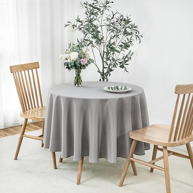 maxmill Round Weaved Texture Design Tablecloth Spill-Proof Wrinkle Free Soft Washable Table Cloth for Circular Table Cover, for Dining Room Buffet Banquet Parties Holiday Dinner, 90 Inch Light Grey