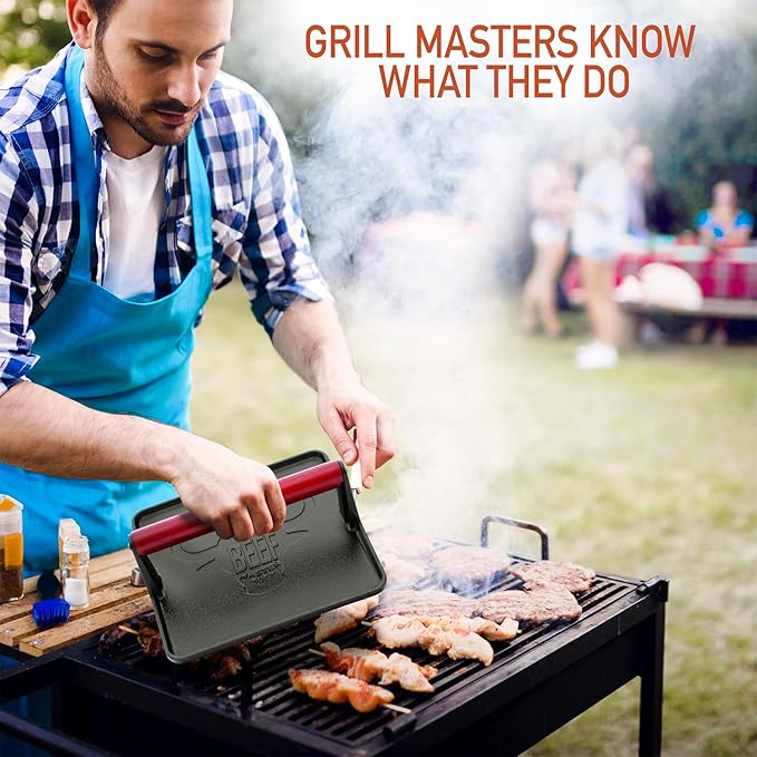 The Beef Master Cast Iron Grill Press - XL Burger Press, Pre-Seasoned Griddle Press, Heavy Duty Meat Press for Bacon, Burgers, and Steak with Cool Touch Handle - 10”x10”x4”