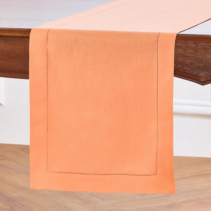 Solino Home Linen Coral Table Runner 144 Inches Long - 100% Pure Linen Extra Long Table Runner 14 x 144 Inch for Valentines, Spring, Easter - Classic Hemstitch