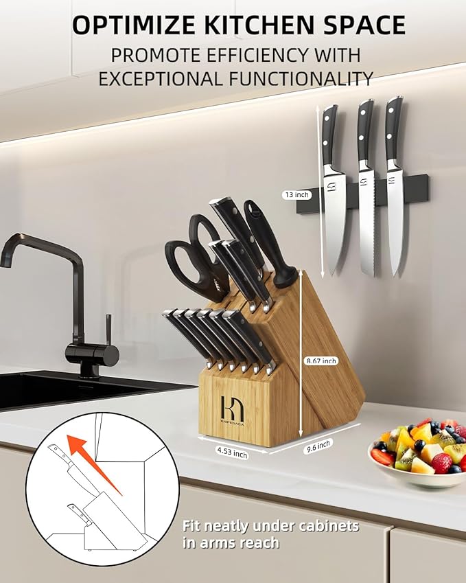 Knife Set, 15 Pcs Knife Block Set, Enduring Razor-Sharp Japanese High Carbon Stainless Steel Chef Knife Set with Block and Sharpener, Premium Knives Set for Kitchen, Natural Bamboo Block
