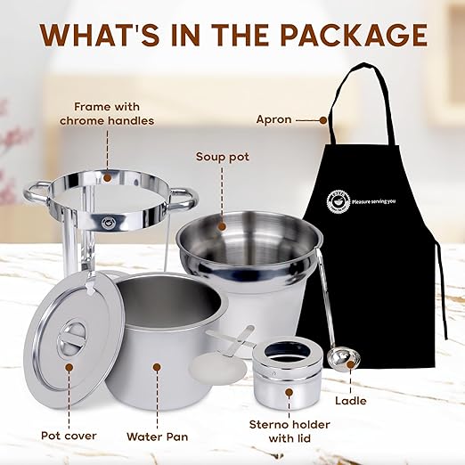 11 QT Soup Chafer Station with Contemporary Marmite Water Pan, Stainless Steel, Including Fuel Holder & 6 Oz Ladle - Perfect for Buffets, Catering, and Events