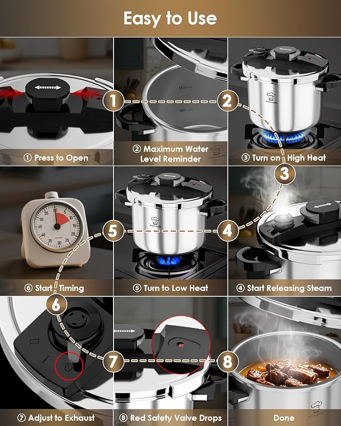 KitchLocker Pressure Cooker Stainless Steel 6.3 Quart,Olla De Presion For 2-3 People[Glass Lid & Steamer Rack Included][Press To Open][Compatible With Induction And Gas Stovetops]
