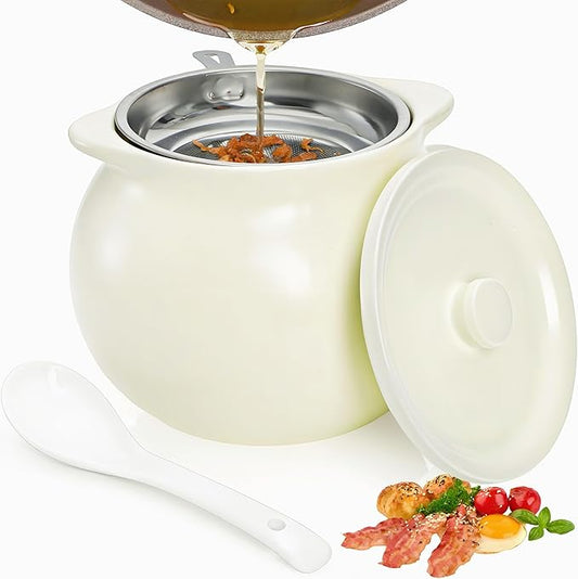 Bacon Grease Container with Strainer, 1.4 L Large Capacity Ceramic Cooking Oil Saver with Lid Easy Grip Handle, Farmhouse Bacon Fat Dripping Can Storage Keeper for Kitchen Home Decor