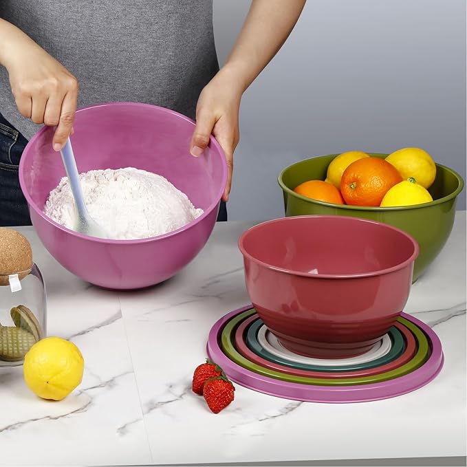 Plastic Mixing Bowls with Lids Set for Kitchen, Nesting Bowls for Mixing, Baking, Prepping, Cooking and Serving Food (5 Set-Purple)