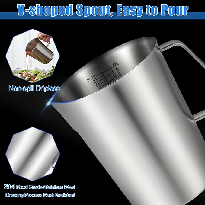 SHENLIU Stainless Steel Pitcher with Lid, 70 oz Metal Measuring Cup with Marking and Handle, 2 L Large Mouth Graduated Beakers, Milk Frothing Jug for Iced Tea, Espresso, Latte Art, Hot & Cold Water
