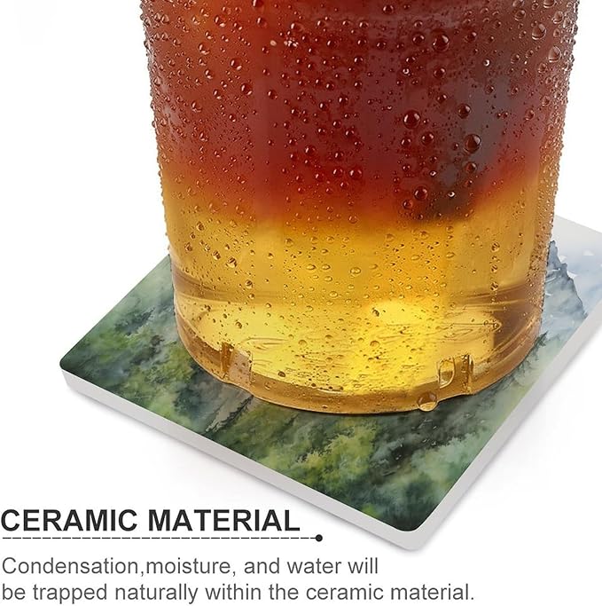 Square-4PCS Forest Drink Coasters, Square Modern Ceramic Absorbent Coasters, Watercolor Style Nature Woodland Green Forest Mountain Plant Decor Desk Coffee Table Coaster for Beverage Cup Tea Coasters