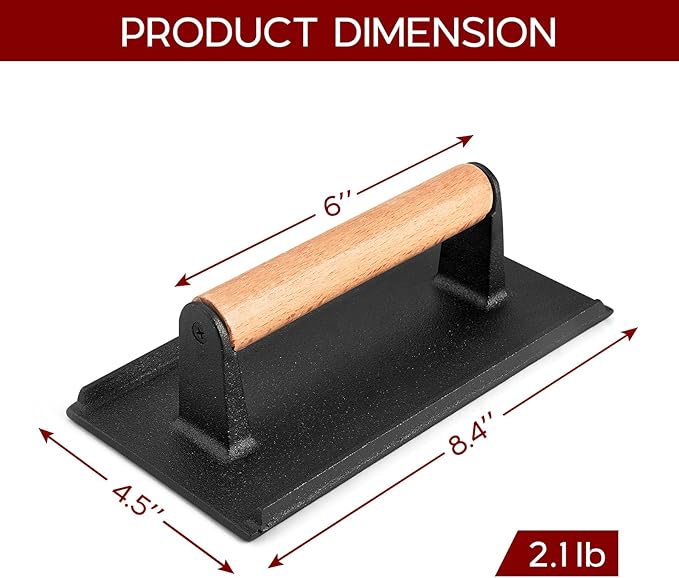 Onader 8.4 Inch Rectangle Smash Burger Press, Cast Iron Grill Bacon Press Set of 2