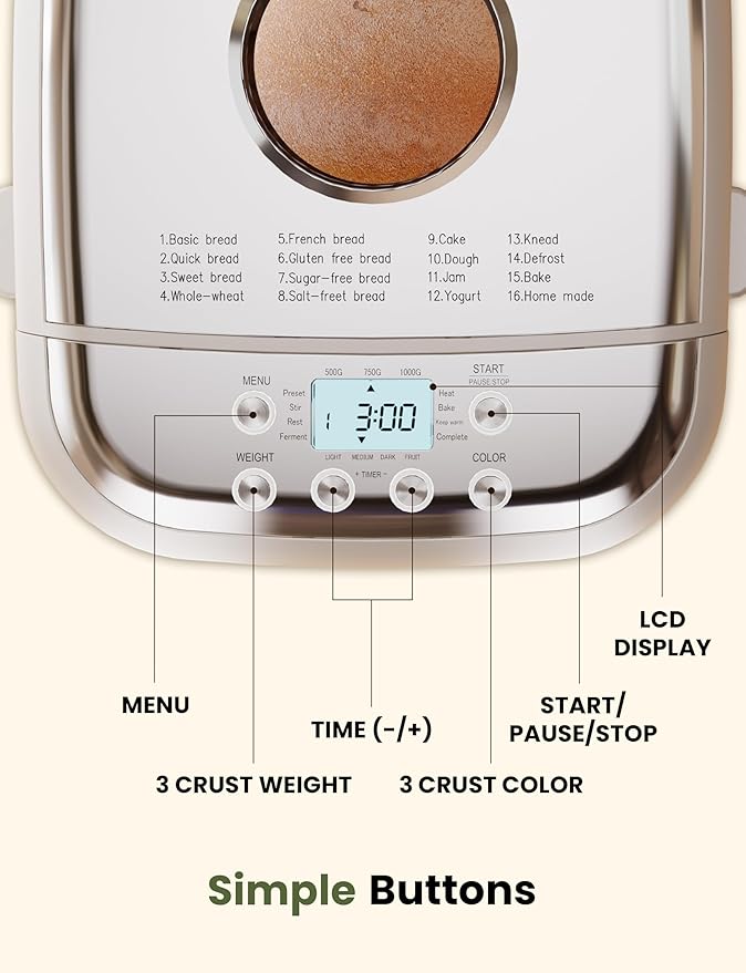 Bread Maker, 2.2LB 16-in-1 Bread Machine, Automatic Bread Maker Machine with Nonstick Ceramic Pan & 15H Timer & 1H Keep Warm for Beginner, Breadmaker with Gluten-Free, French, Yogurt, Recipe