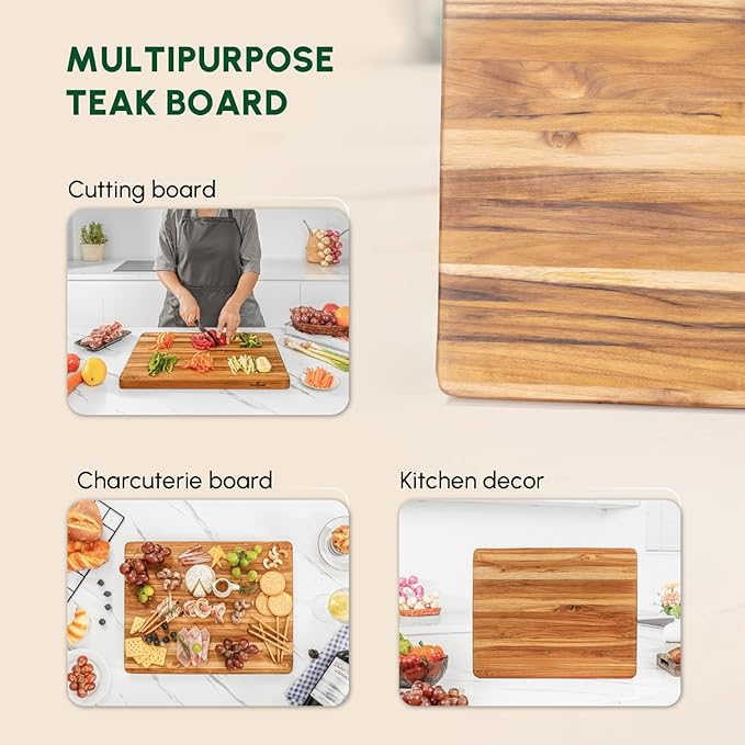 BEEFURNI Teak Wood Cutting Board with Hand Grip (S, 18x14x1"), Small Wooden Cutting Boards for Kitchen, Durable Chopping Board Wood, Butcher Block, Charcuterie Board, Christmas Gifts, 1-Year Warranty