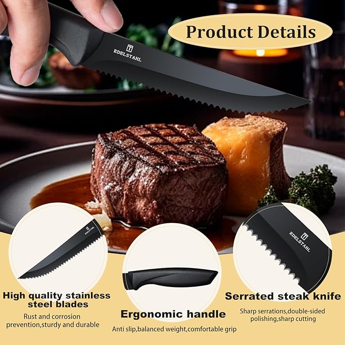 Steak Knives Set of 4, Premium Steak Knife,Stainless Steel Steak Knives Set,Sharp Serrated Steak Knife,Ergonomic Black Handle Steak Knifes,Durable Kitchen Steak Knifes,Dishwasher Safe