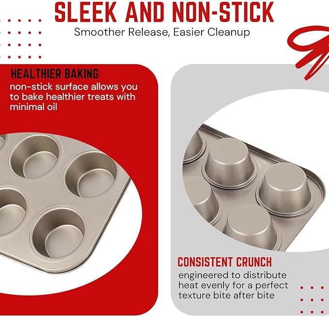Flexzion Muffin Tray Cupcake Baking Pan 2 Pack, 12-Cup Nonstick Carbon Steel Muffin Tin Non-Stick Cupcake Tin Bakeware Accessories for Baking Brownies Snack, Fridge Safe, Champagne Gold
