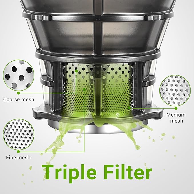 AMZCHEF Juicer Machines, 5.8" Extra Self-Feeding Cold Press Juicer for Whole Vegetable & Fruit, Juice Extractor Machine with Large Auger & Triple Strainers, Easy to Clean, High Juice Yield, Black