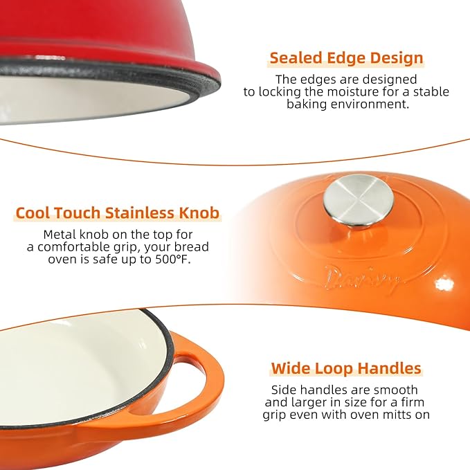 Davivy Cast Iron Oval Bread Pan with Lid 6QT, Dutch Oven for Sourdough Bread, Non-stick Cast Iron Sourdough Baking Pan with Silicone Baking Mat - Flame Orange
