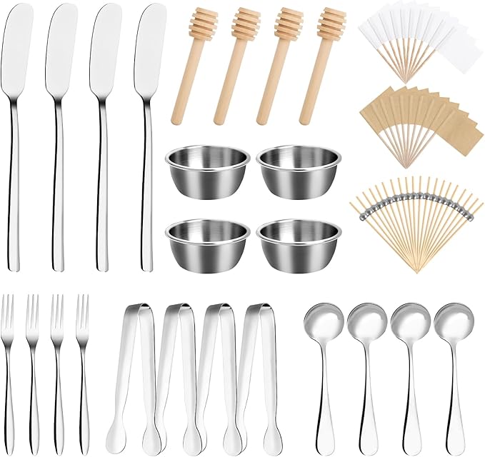 94 Pcs Charcuterie Board Accessories, Stainless Steel Cheese Spreaders Forks Spoons Mini Serving Tongs Honey Dippers Sauce Cups Toothpick Flags Charcuterie Utensils for Pastry Making, Silver
