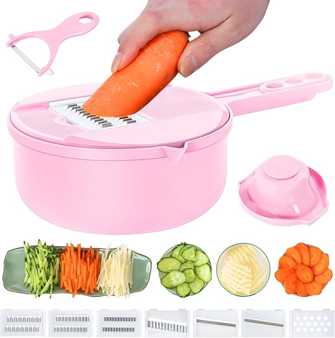 Mandoline Food Slicer, Multifunctional Vegetable Slicer Cutter with Hand Protector, Vegetable Shredder for Potato, Tomato, Carrot (Pink-9 in 1)