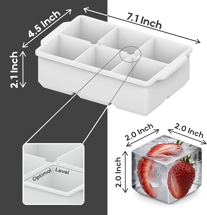 KitchFort Large Silicone Ice Cube Tray (2-Pack), Easy Release 2" Big Ice Cubes - Cocktail, Whiskey Ice Cubes Mold - Ice Trays for Freezer with Lid - Stackable Silicone Ice Tray - White