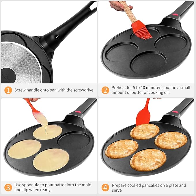CAINFY Pancake Pan Nonstick-Suitable for All Stovetops & Induction Cooker, 10.5 Inch Mini Silver Dollar Grill Blini Griddle Crepe Pan, 4 Molds Cake Egg Skillet, 100% PFOA Free Coating