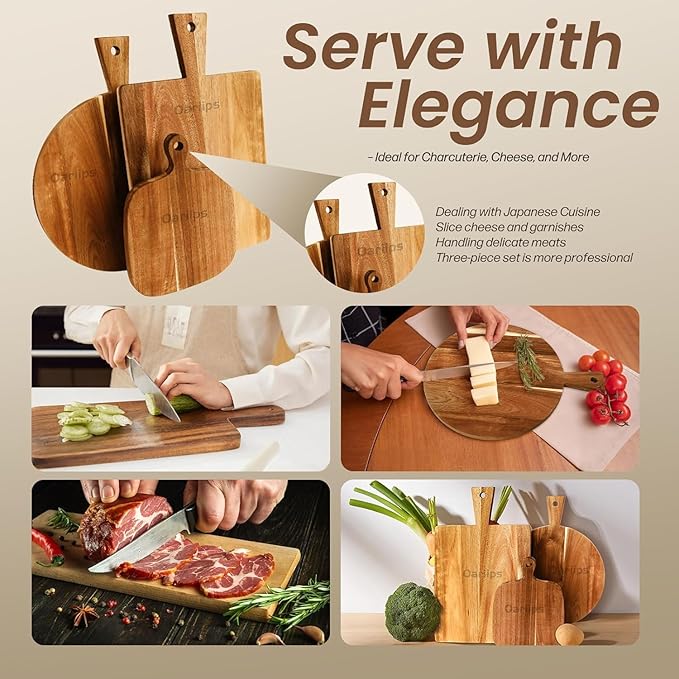 Acacia Wood Cutting Board Set of 3 with Handles – Round, Rectangular & Paddle Charcuterie Boards for Cheese, Meat, Pizza, Bread & Fruits