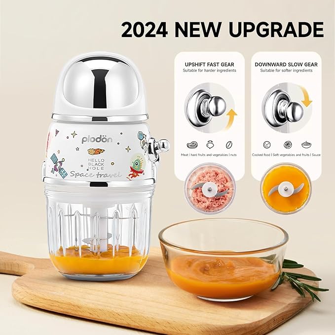 Plodon Baby Food Maker Mini Cute and Small Food Processor Puree Blender Grinder Chopper 1.2 Cup Glass Bowl with 6 Blade Electric (Spaceman-White(One Bowl))