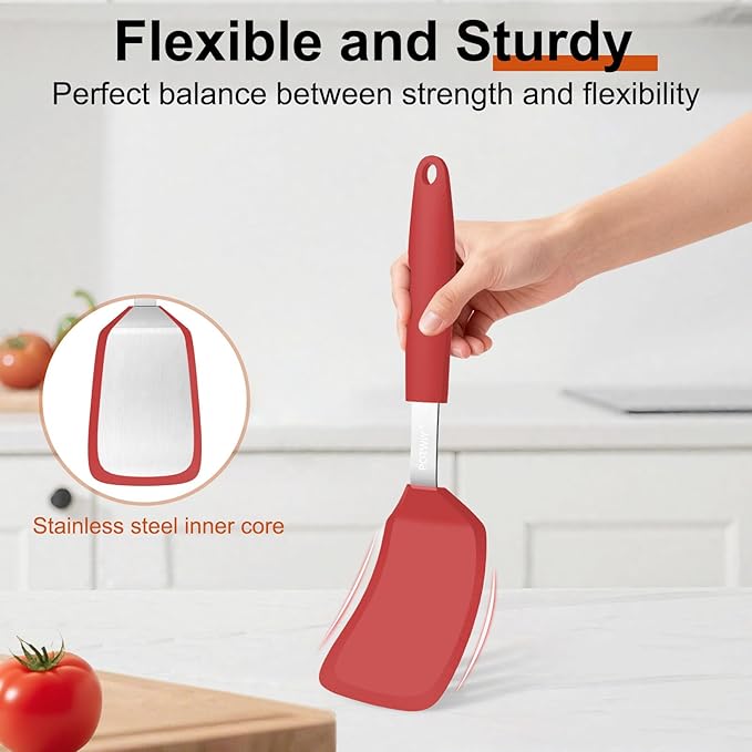 Silicone Spatula, 13 x 3.2 In, 600°F Heat Resistant Kitchen Spatula, BPA Free, Flexible Turner For Non Stick Frying Pan, Cooking, Flipping Egg and Pancake, Dishwasher Safe (Red)