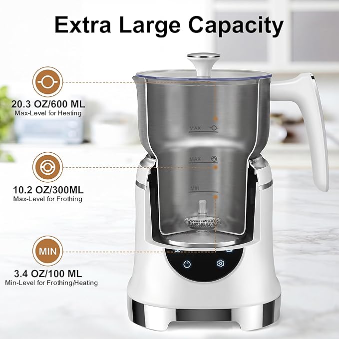 7-IN-1 Milk Frother, 20.3 OZ Milk Frother and Steamer with Temperature Control Stainless Steel Electric Milk Frother Dishwasher Safe Hot and Cold Foam for Latte Hot Chocolate Cocoa (White)
