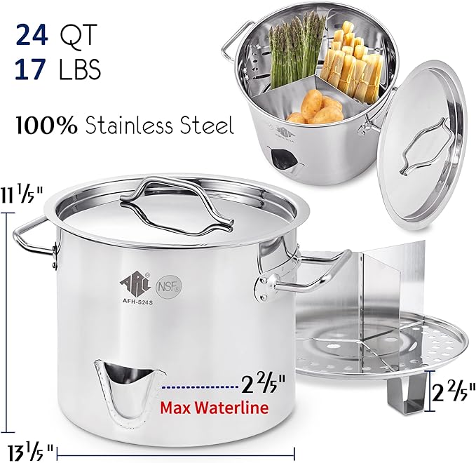 ARC 24QT Stainless Steel Tamale Steamer Pot with Easy-fill Water Spout, Seafood Crab Steamer with Divider and Rack, 6 Gallon