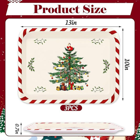 Whaline 3 Pcs Christmas Serving Trays Xmas Tree Plastic Serving Platters Dishes for Holiday Party Breakfast Lunch Dinner Food Snack Supplies, 10 x 13 Inch