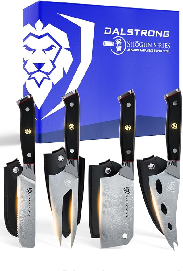 Dalstrong 4-Piece Cheese Knife Set - Shogun Series - Mini Cleaver, Serrated, Round-Tip, Forked Cheese Knife - AUS-10V Japanese Steel - G10 Handle - w/Sheath