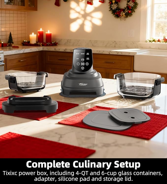 Tixixc 5-in-1 Portable Glass Air Fryer, 4QT & 6-Cup Glass Containers with Lids, Silicone Mat, 1500W Small Air Fryer, 90% Less Oil, Dishwasher/Freezer Safe for Single Servings, Family Meals