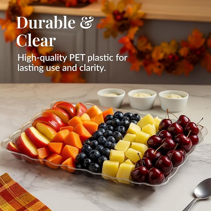 Prestee 12-Pack Serving Tray - 9x13 Inches Disposable Rectangular Plastic Food Tray for Parties and Events - Clear Platters for Dessert Table Displays, Appetizers, Snacks, and More